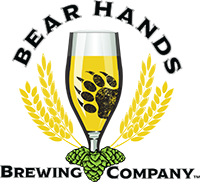 Logo for Bear Hands Brewing Company: beer in a glass with a bear paw inside, surrounded by wheat and hops.