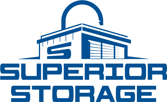 Logo for Superior Storage: Blue building with a lock silhouette above,