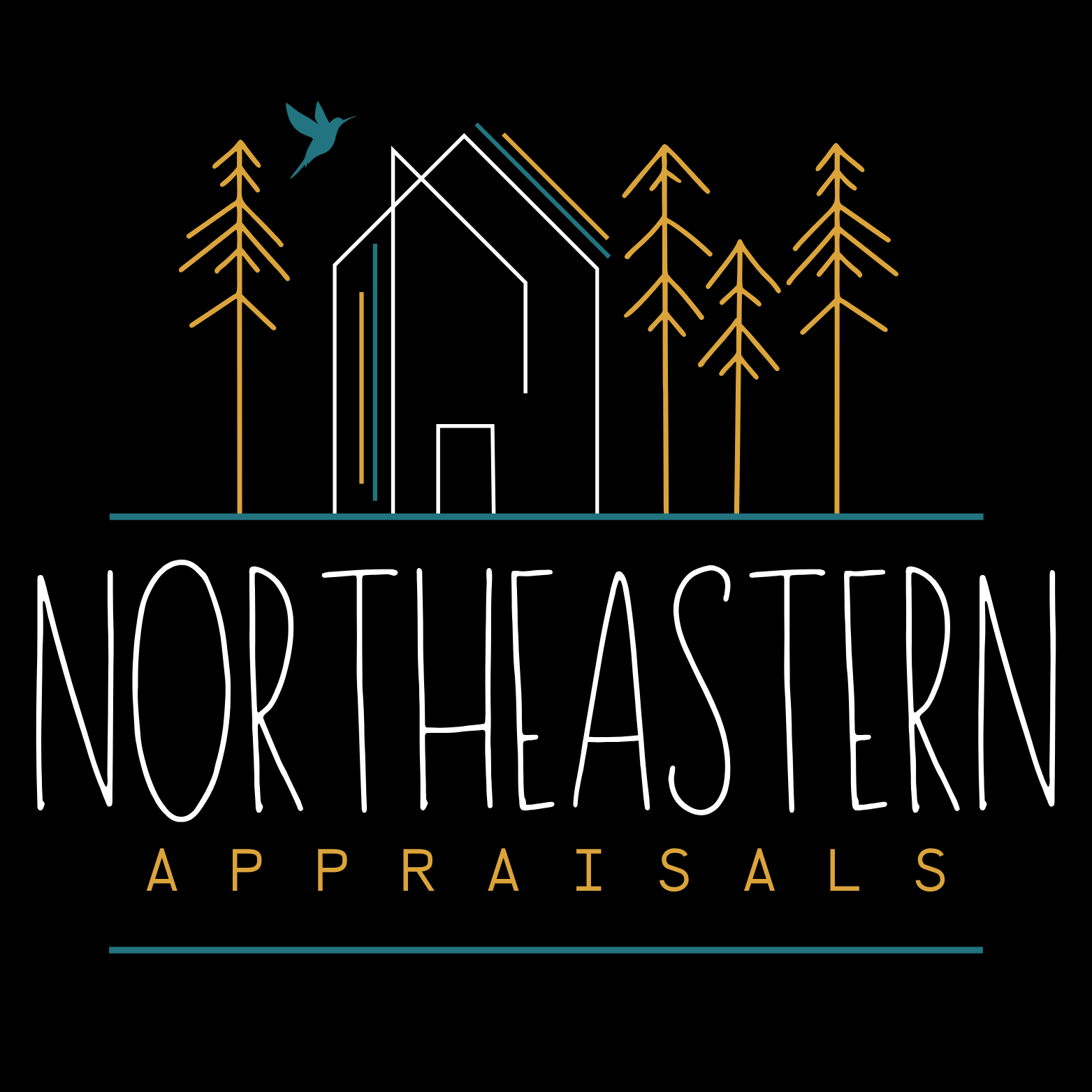 Logo: House outline with trees, bird, teal and gold lines,
