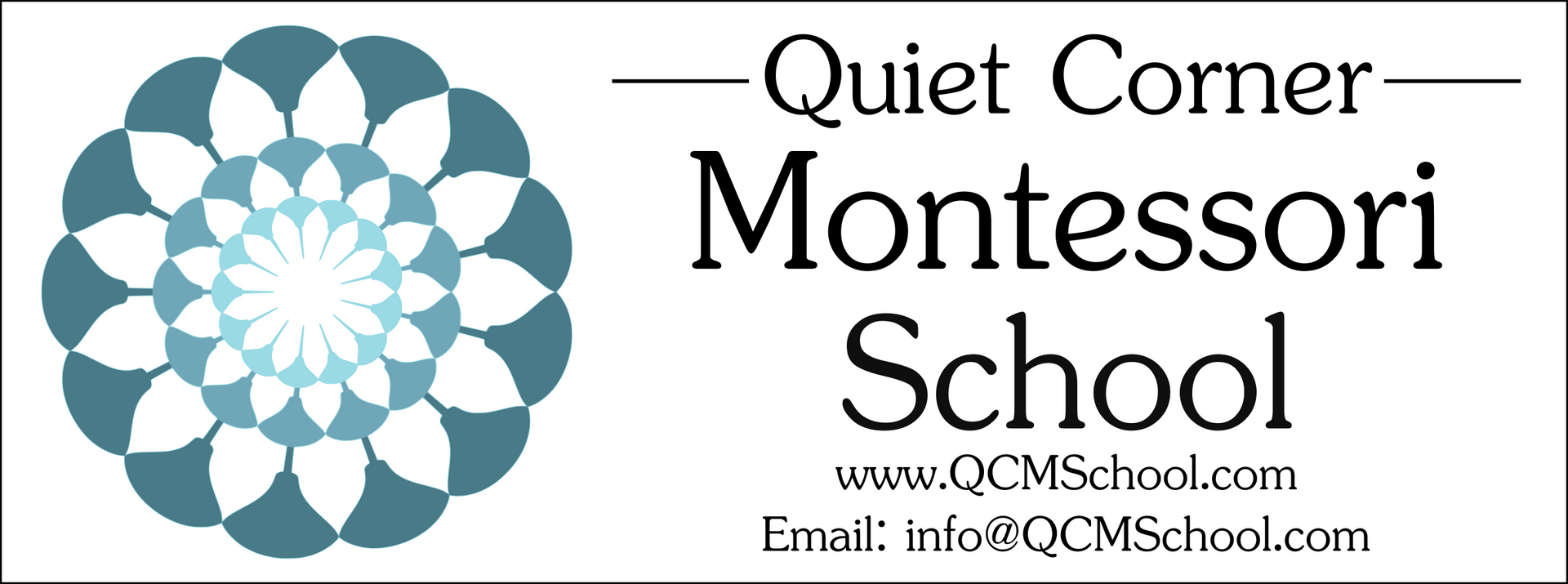 Logo for Quiet Corner Montessori School: blue floral design and text on white background.