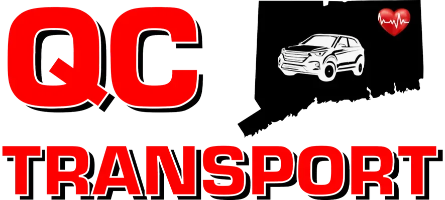 QC Transport logo featuring a red and white car on a black background of Connecticut.