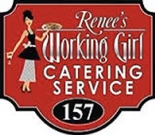 Logo for Renee's Working Girl Catering Service. Woman in black dress holds a tray of food. Red sign with address 157.