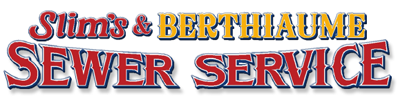 Logo for Slim's & Berthiaume Sewer Service. Red and white text on a white background, gold text on top.