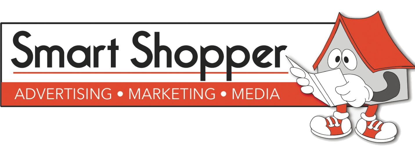 Logo for Smart Shopper: Text on a red banner with a cartoon house-person holding a notepad.