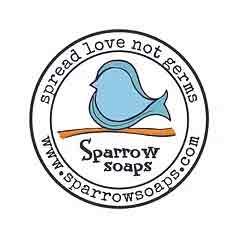 Logo for Sparrow Soaps: Blue bird on a branch, surrounded by text: