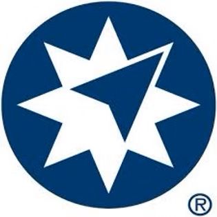 Blue circle with white starburst and arrow, trademarked logo.