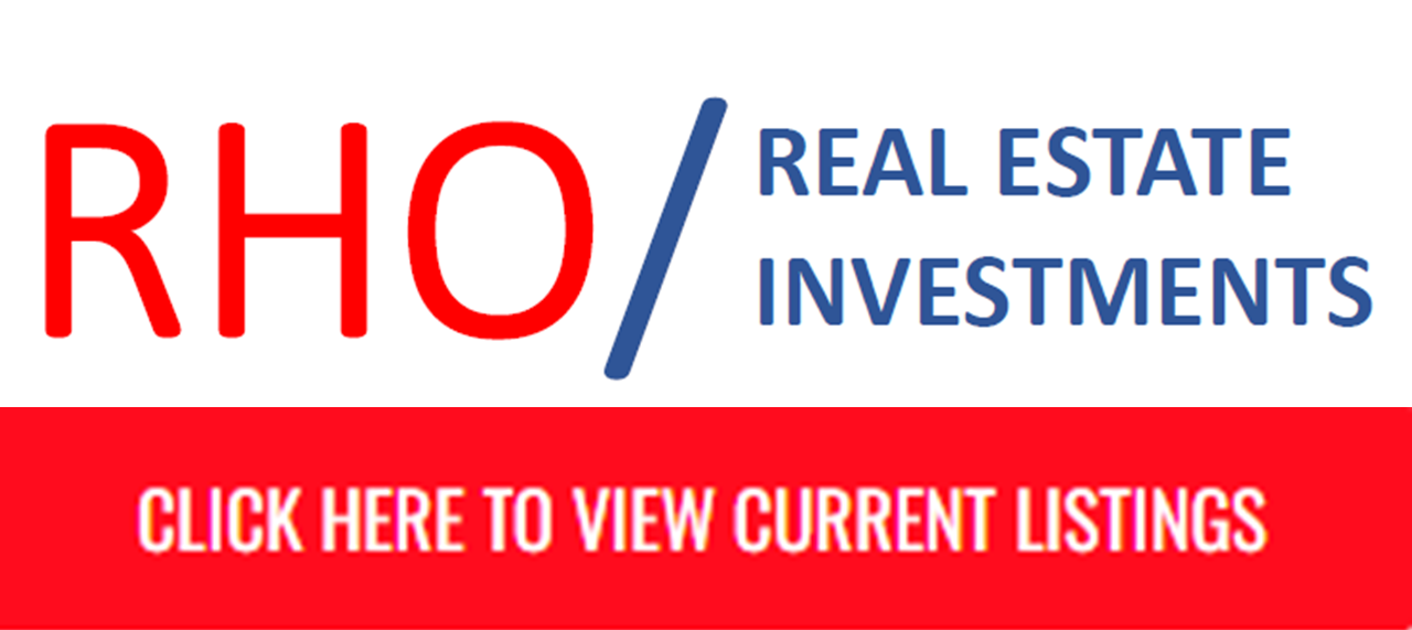 RHO Real Estate Investments logo with a call-to-action button: 