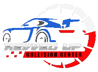 Logo for Revved Up Collision Center: Blue and white sports car outline, red and white graphic, and text.