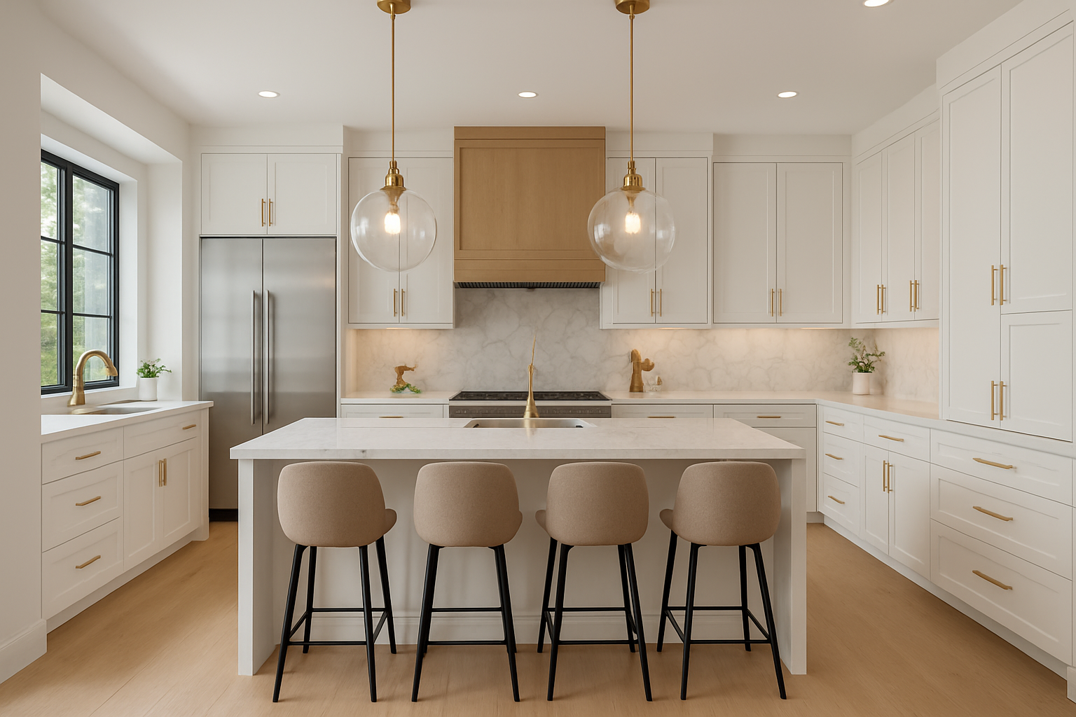Modern white kitchen with island, wood accents, and gold fixtures.