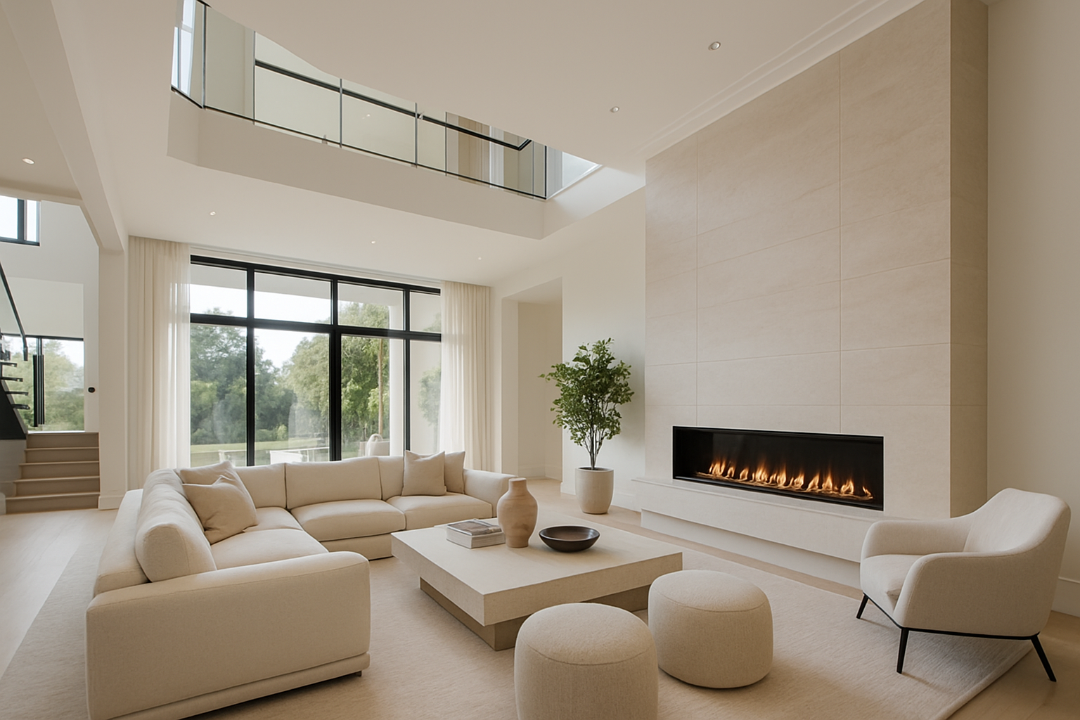 Modern living room with neutral colors, fireplace, large windows, and open staircase.