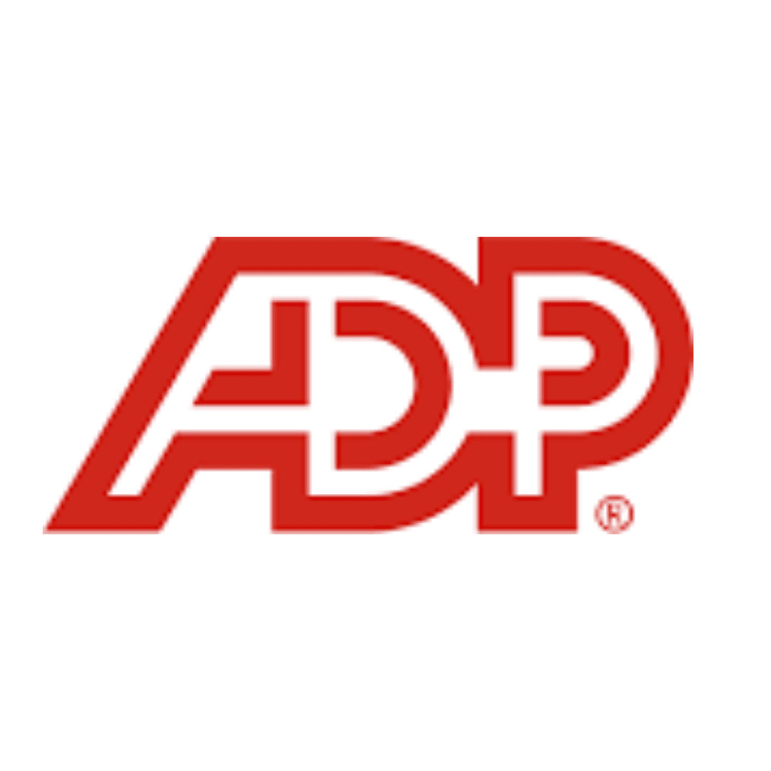 A red adp logo on a white background