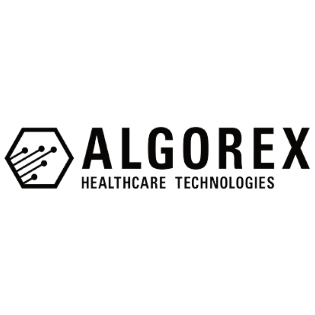 the logo for algorex healthcare technologies is black and white .