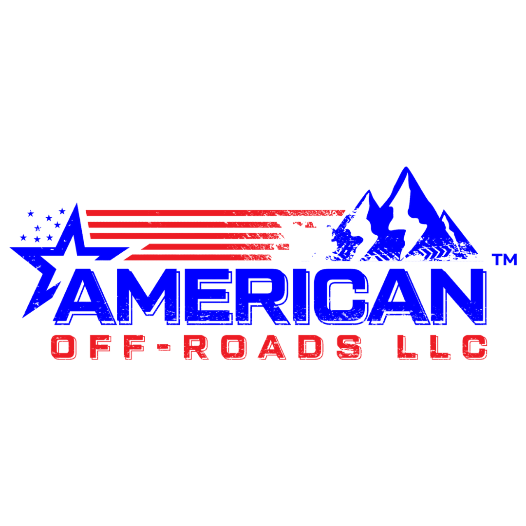 the logo for american off-road llc shows a mountain and an american flag .