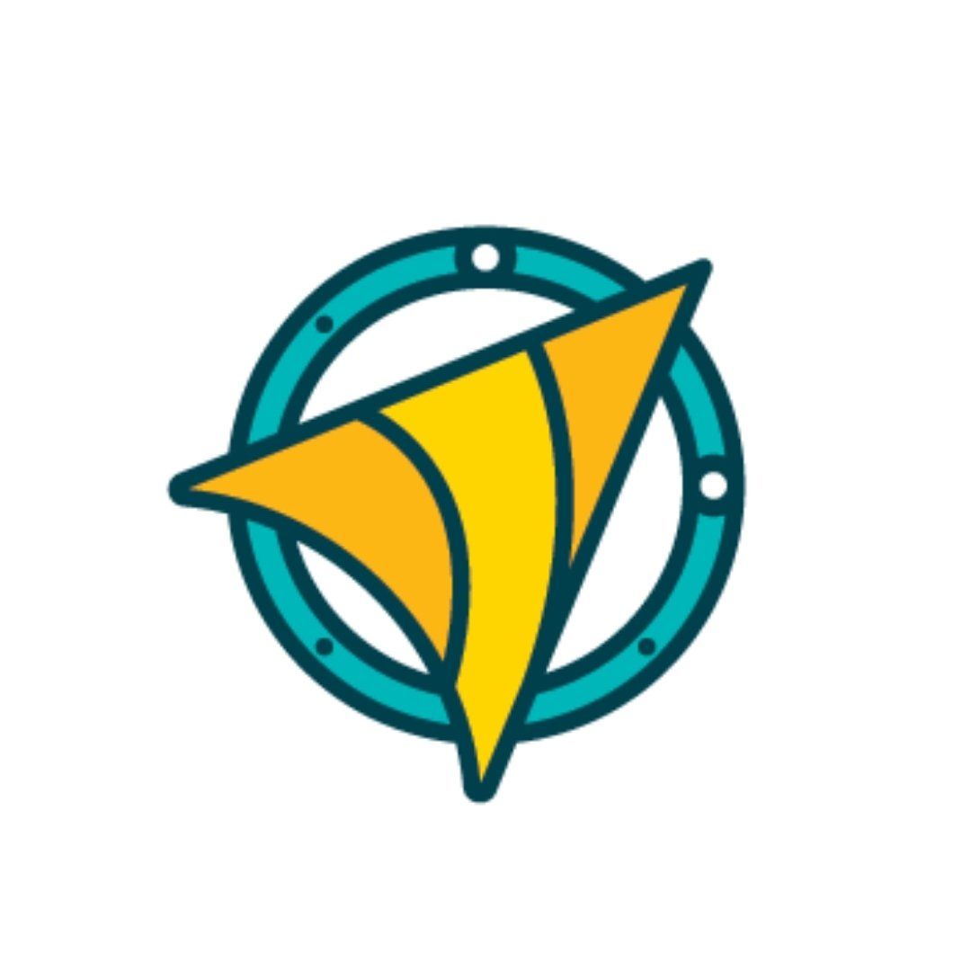 a yellow triangle in a blue circle on a white background