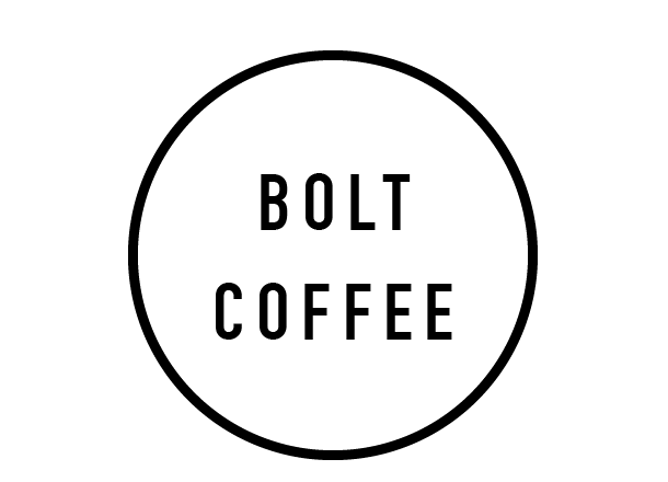 the bolt coffee logo is a black and white circle with the words bolt coffee written inside of it .