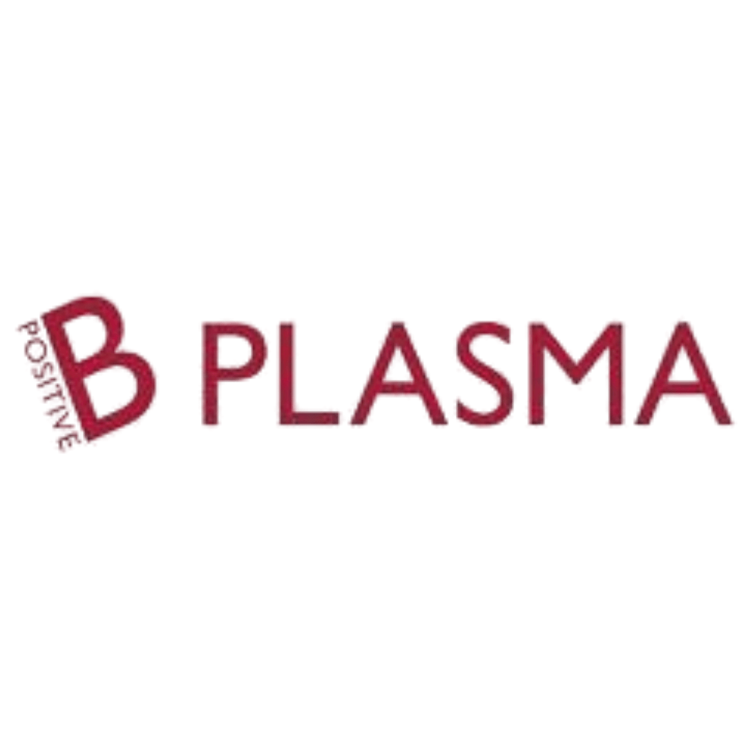 a red and white logo for a company called b plasma