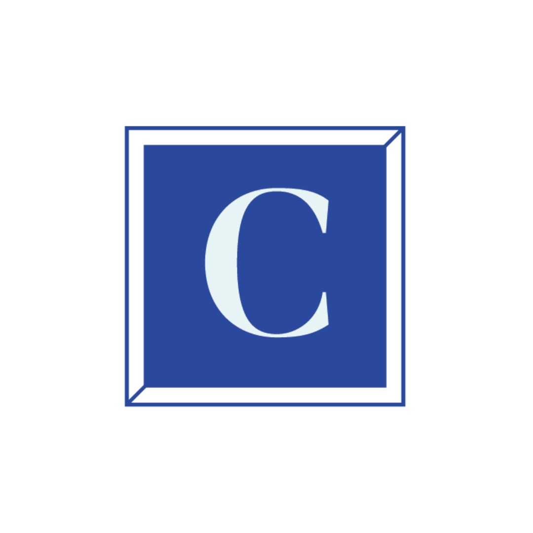 the letter c is in a blue square with a white frame .
