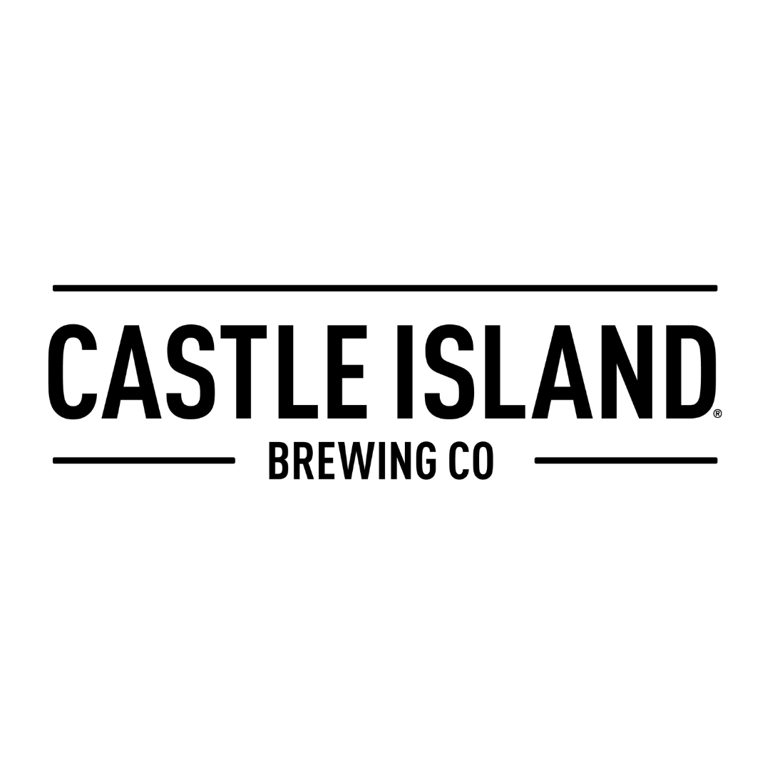 the logo for castle island brewing company is black and white .