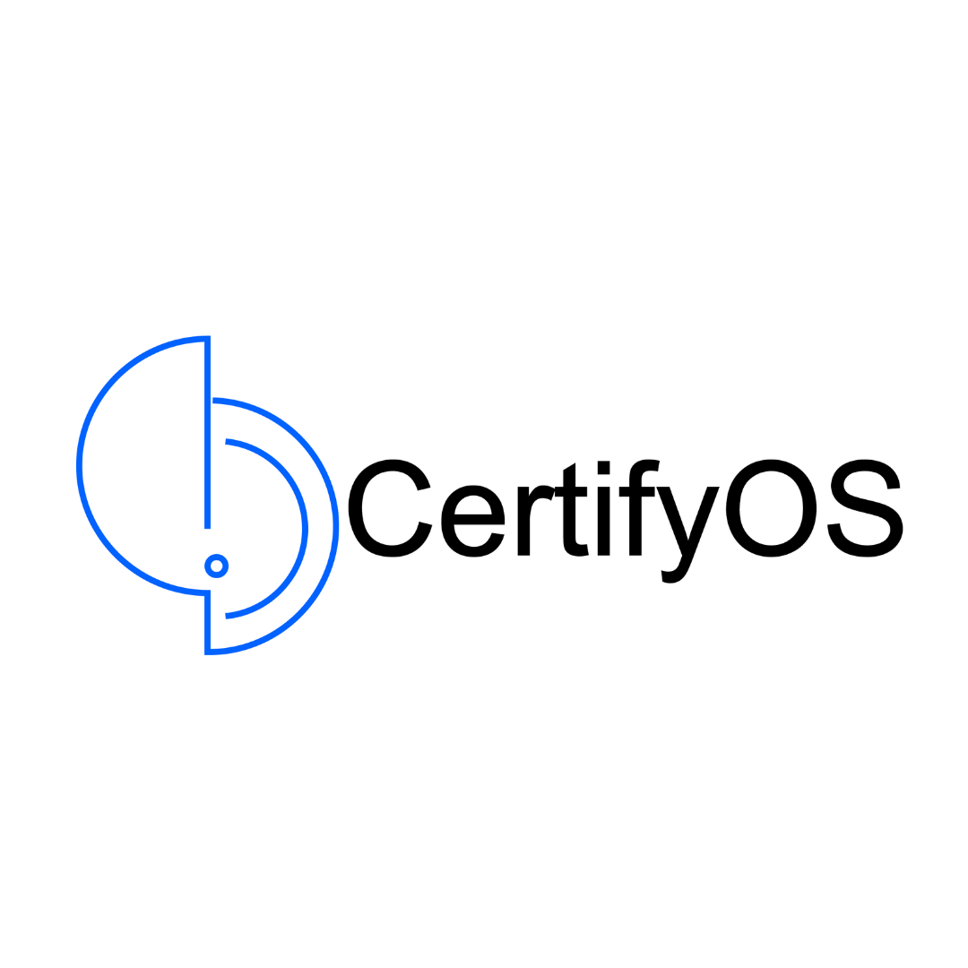 a blue and black logo for a company called certify os .