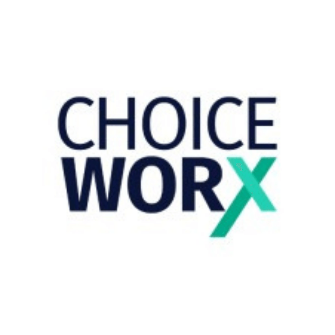 a blue and green logo for choice worx