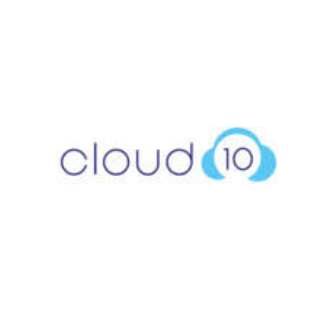 a blue and white logo for a company called cloud 10 .