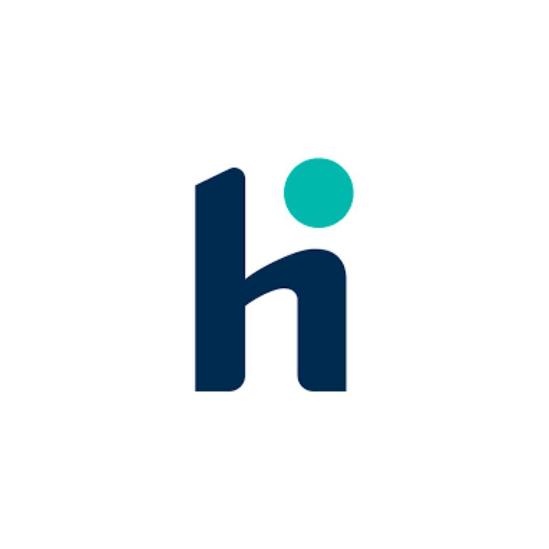 A blue letter h with a green circle in the middle on a white background.