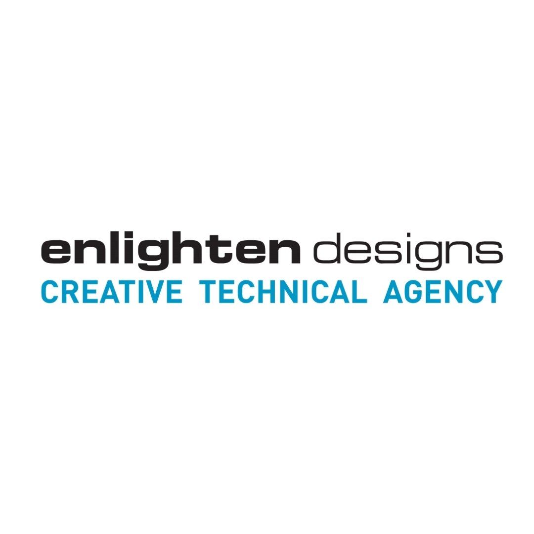 the logo for enlighten designs creative technical agency is blue and black .