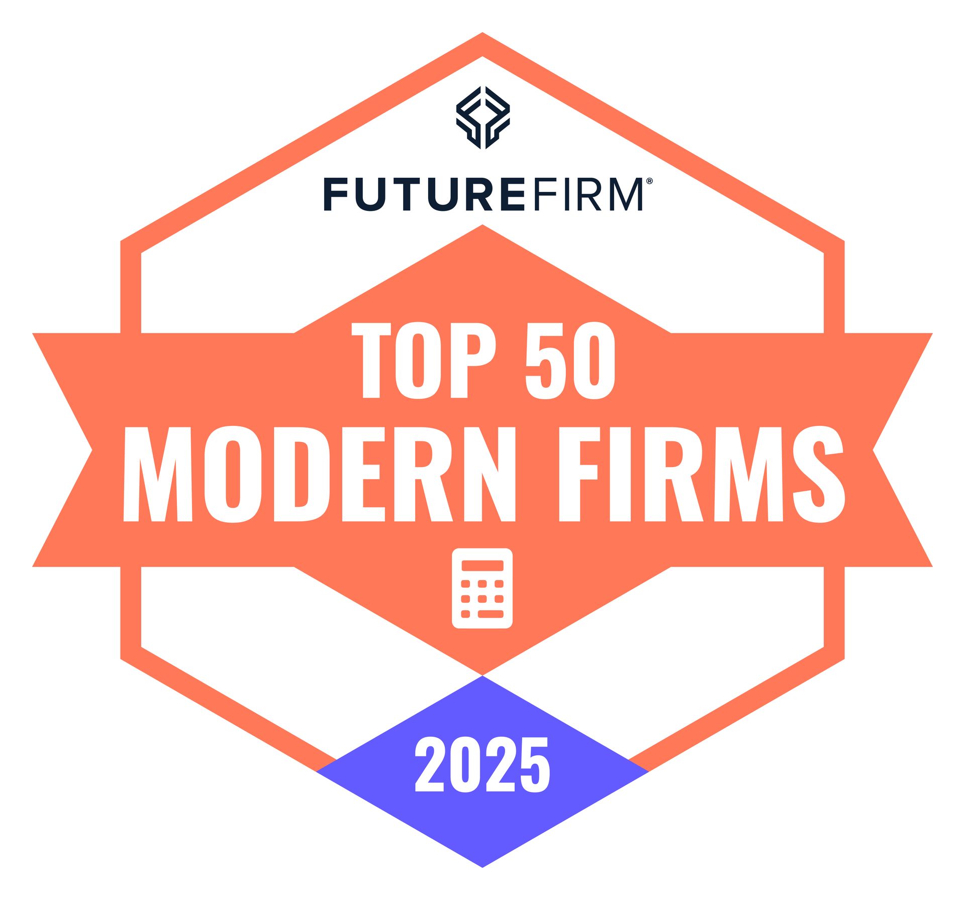 Badge: Future Firm Top 50 Modern Firms 2025. Orange, white, blue, and gray logo with a calculator icon.