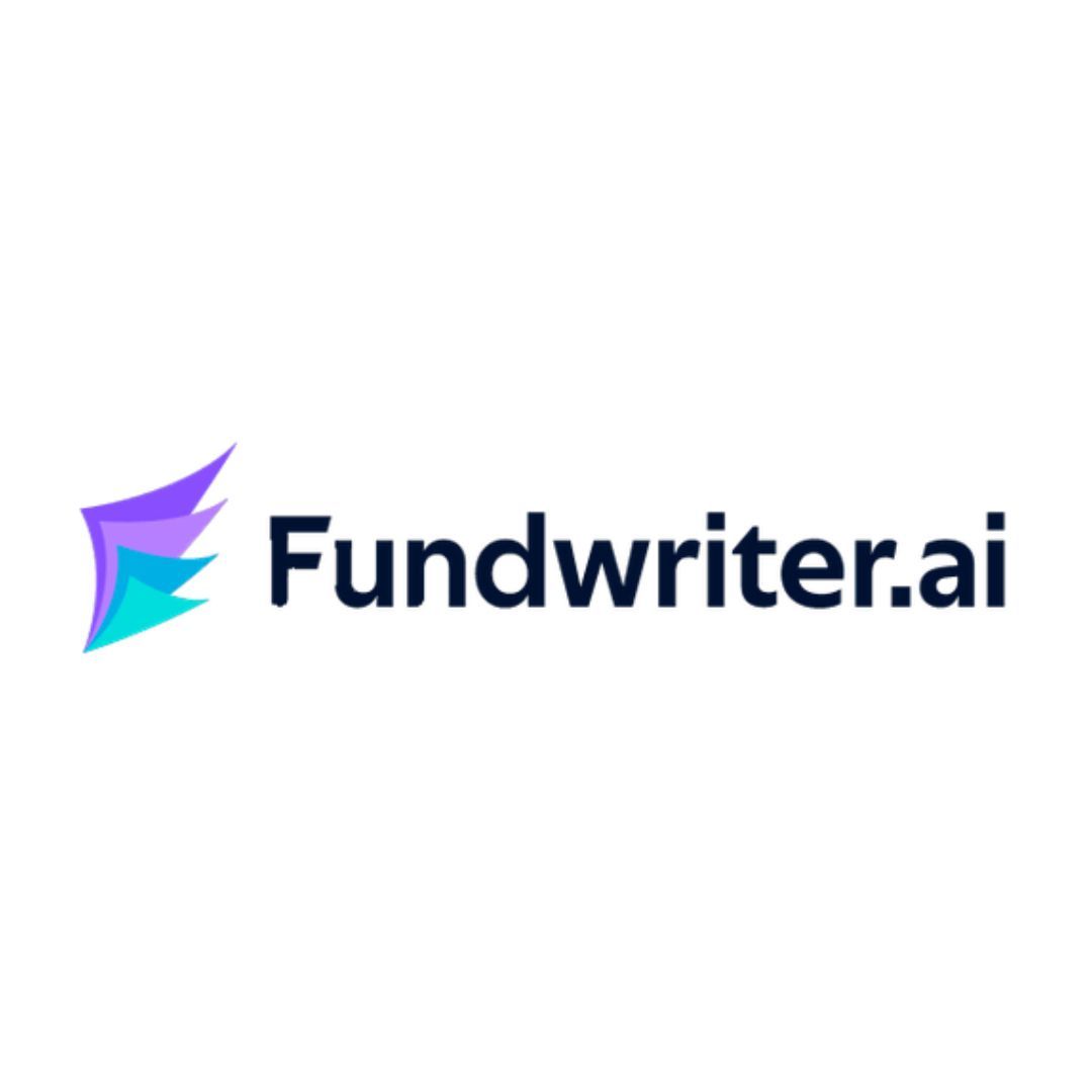 a logo for fundwriter.ai with a purple and blue arrow on a white background .