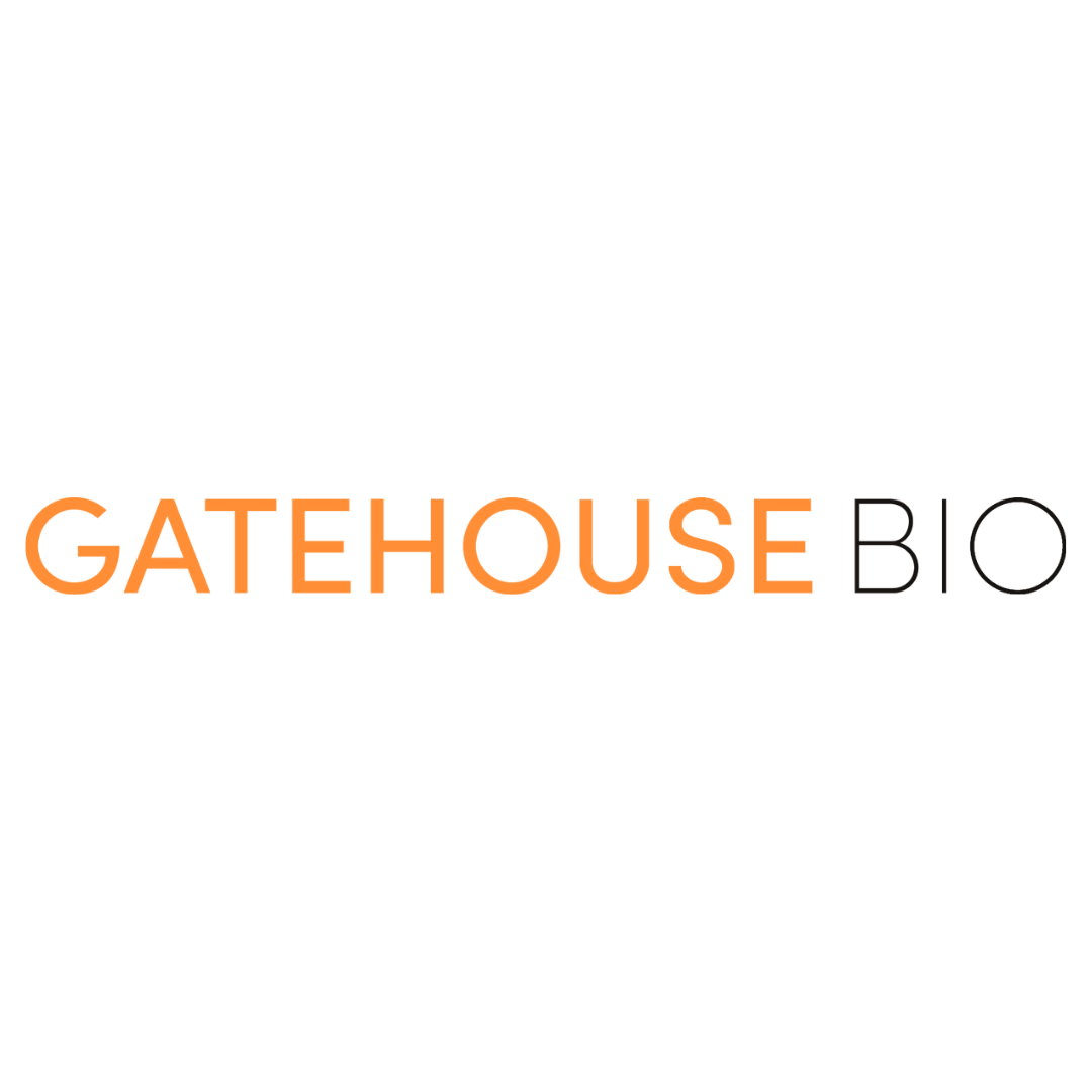 the logo for gatehouse bio is orange and black on a white background .