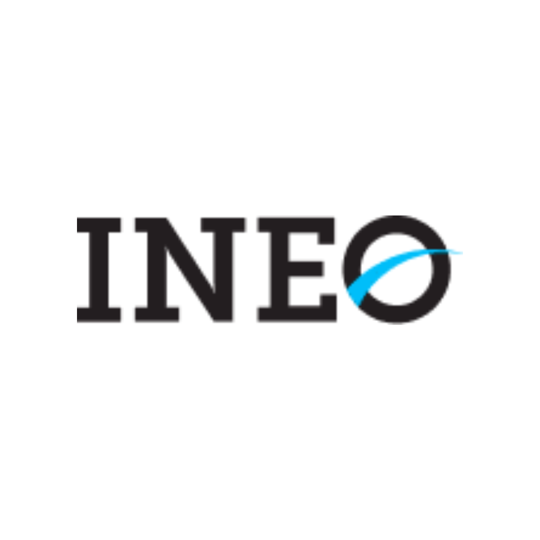a black and blue logo for ineo on a white background
