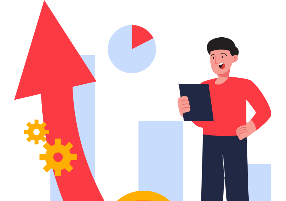 Man analyzes growth chart, red arrow, and gold coins.