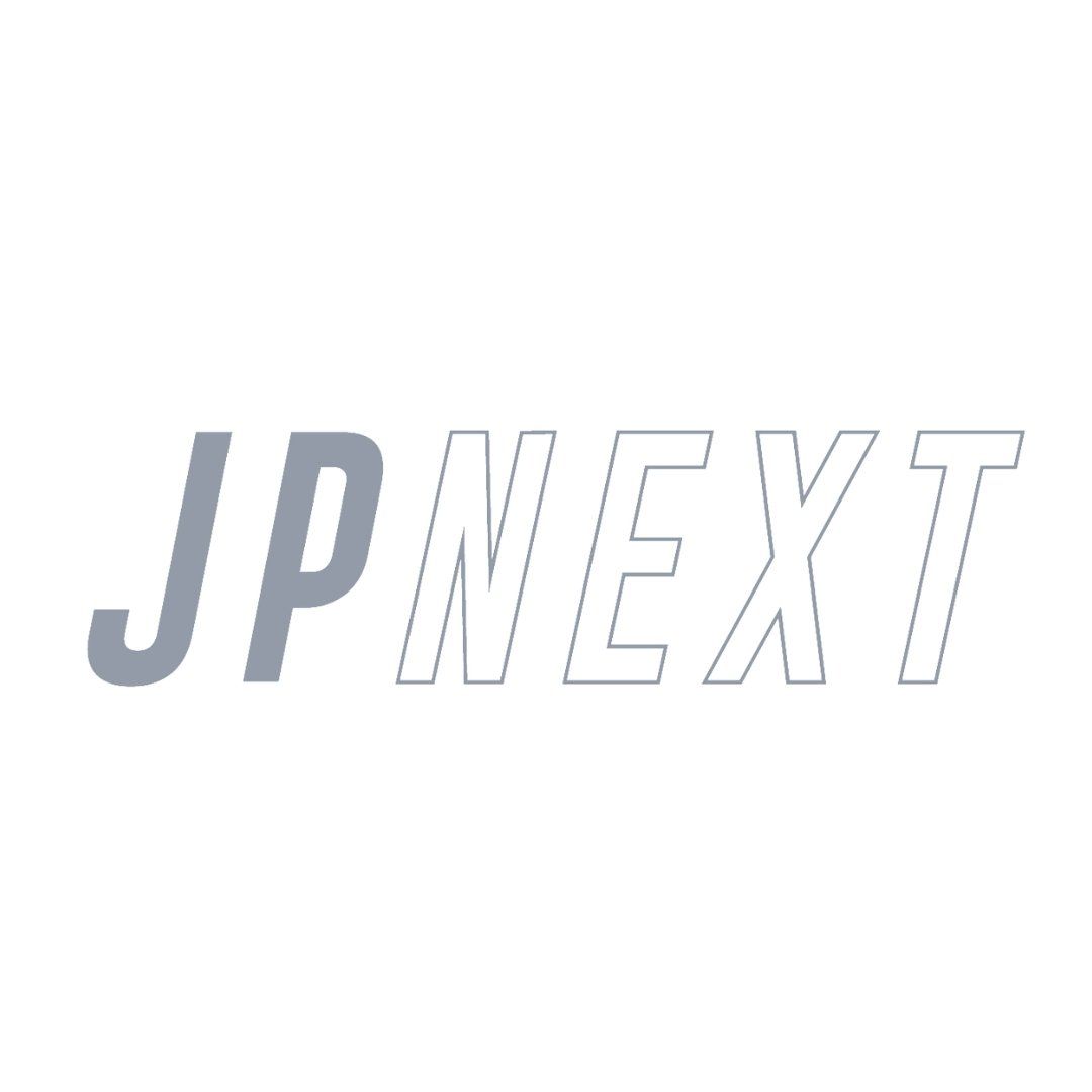 the logo for jp next is gray and white on a white background .