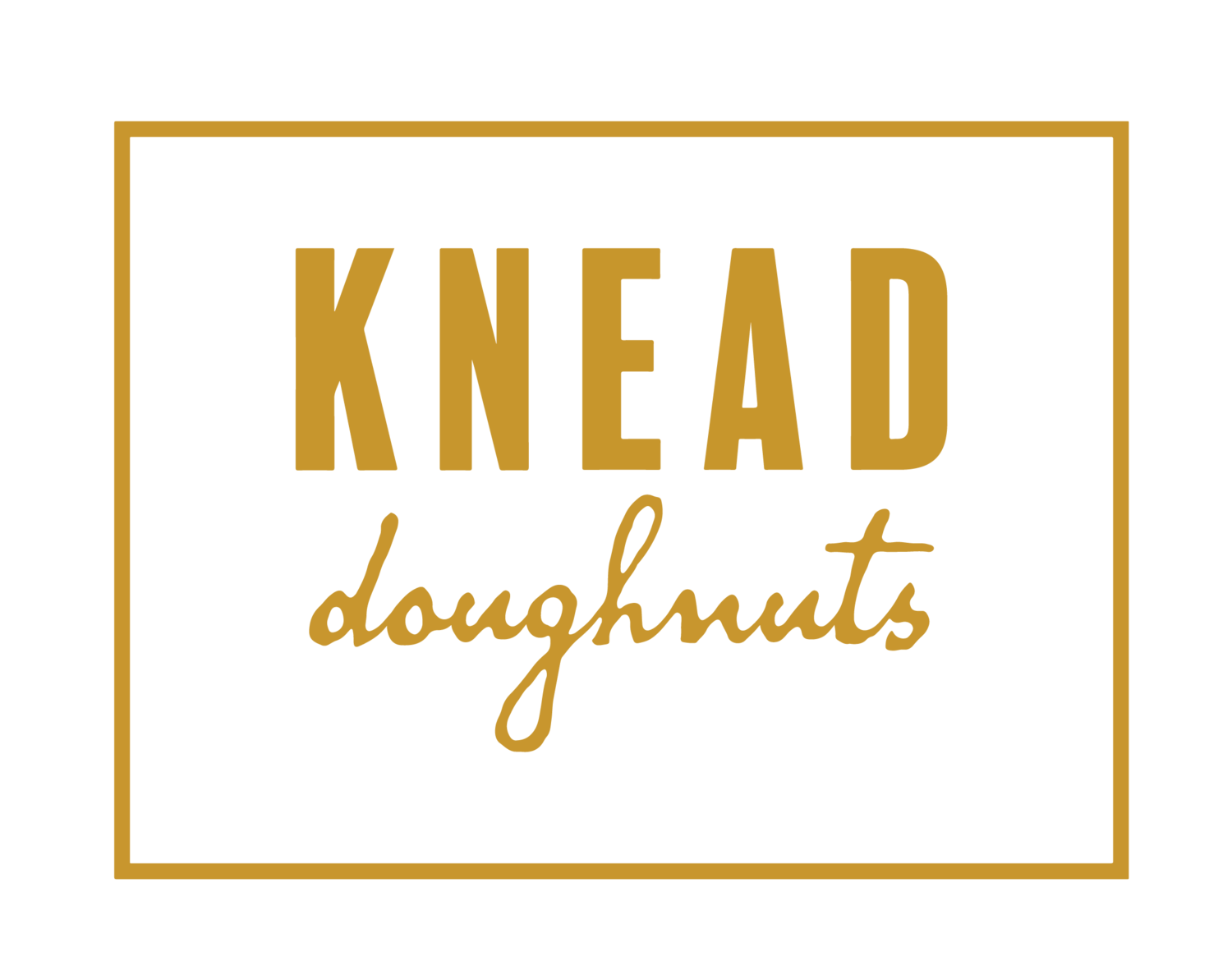 a logo for knead doughnuts is in a gold frame on a white background .