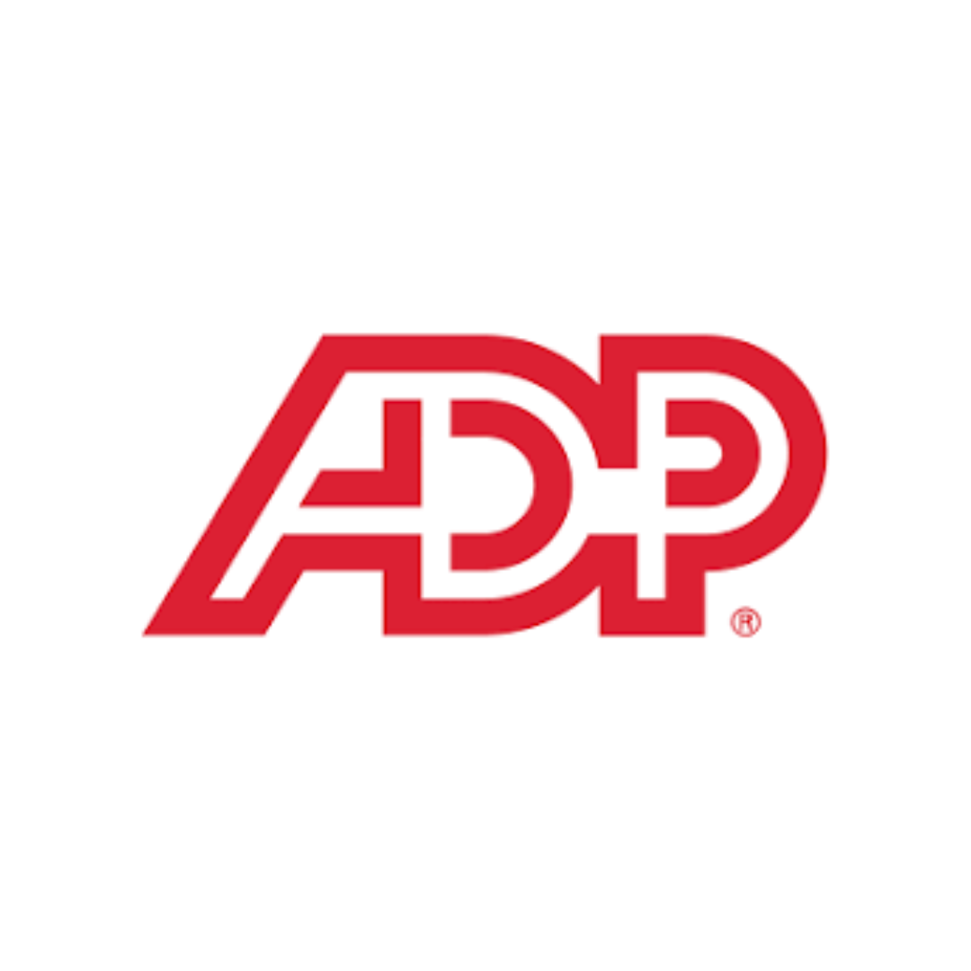 Red ADP logo. White background. The letters are stylized and connected.
