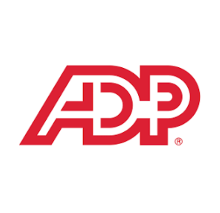 Red ADP logo. White background. The letters are stylized and connected.