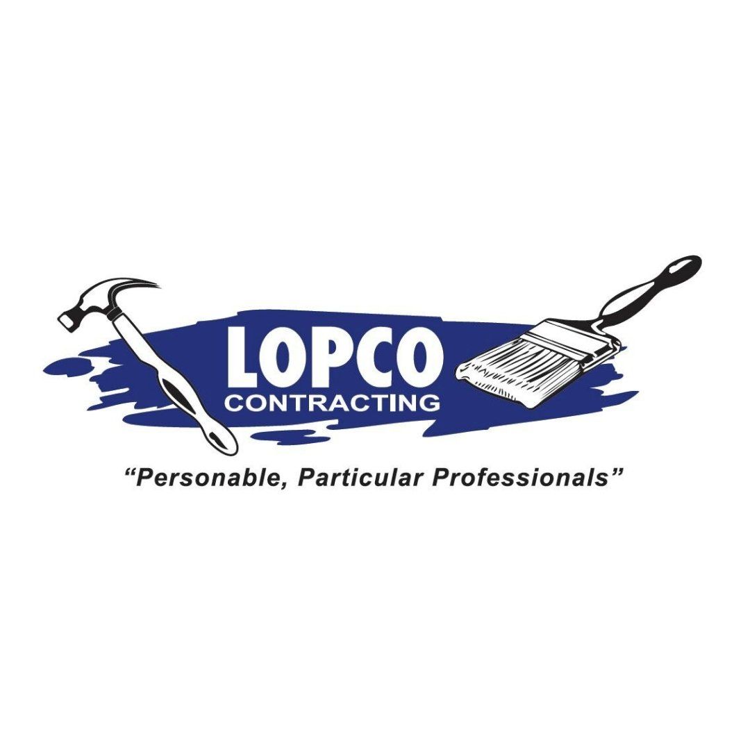 a logo for lopco contracting with a hammer and paint brush