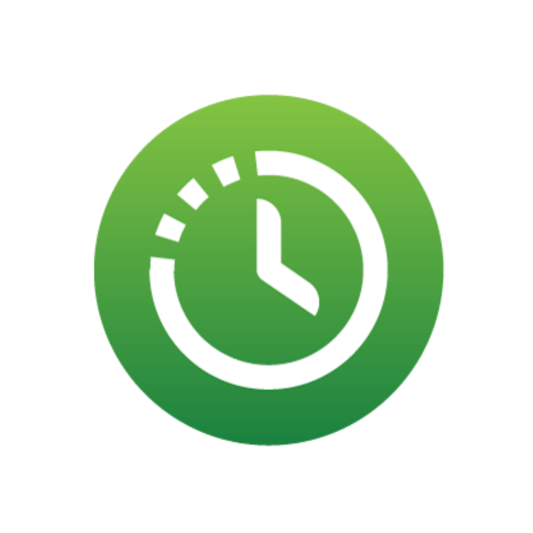 a green circle with a white clock inside of it .