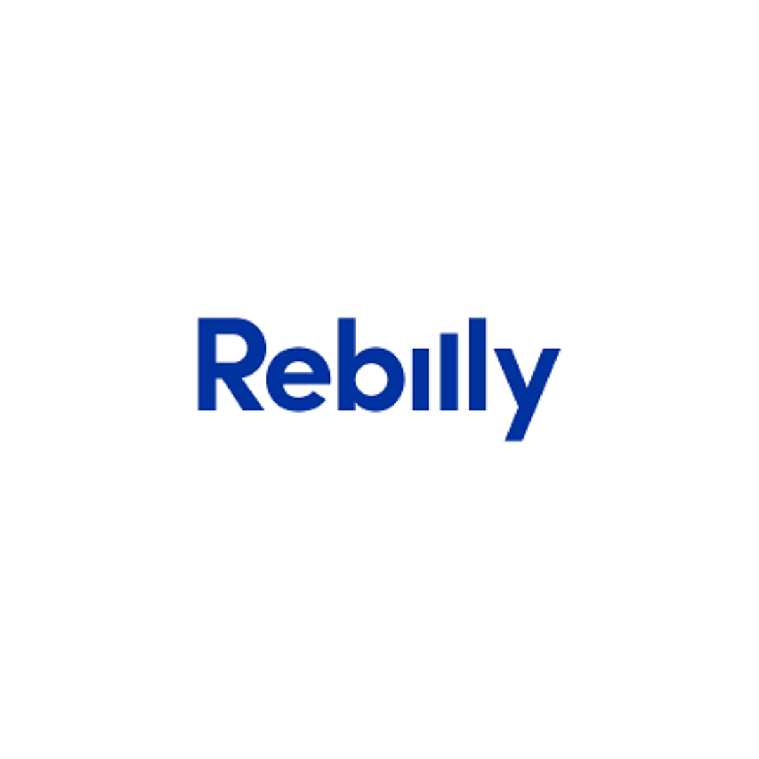 the rebilly logo is blue and white on a white background .
