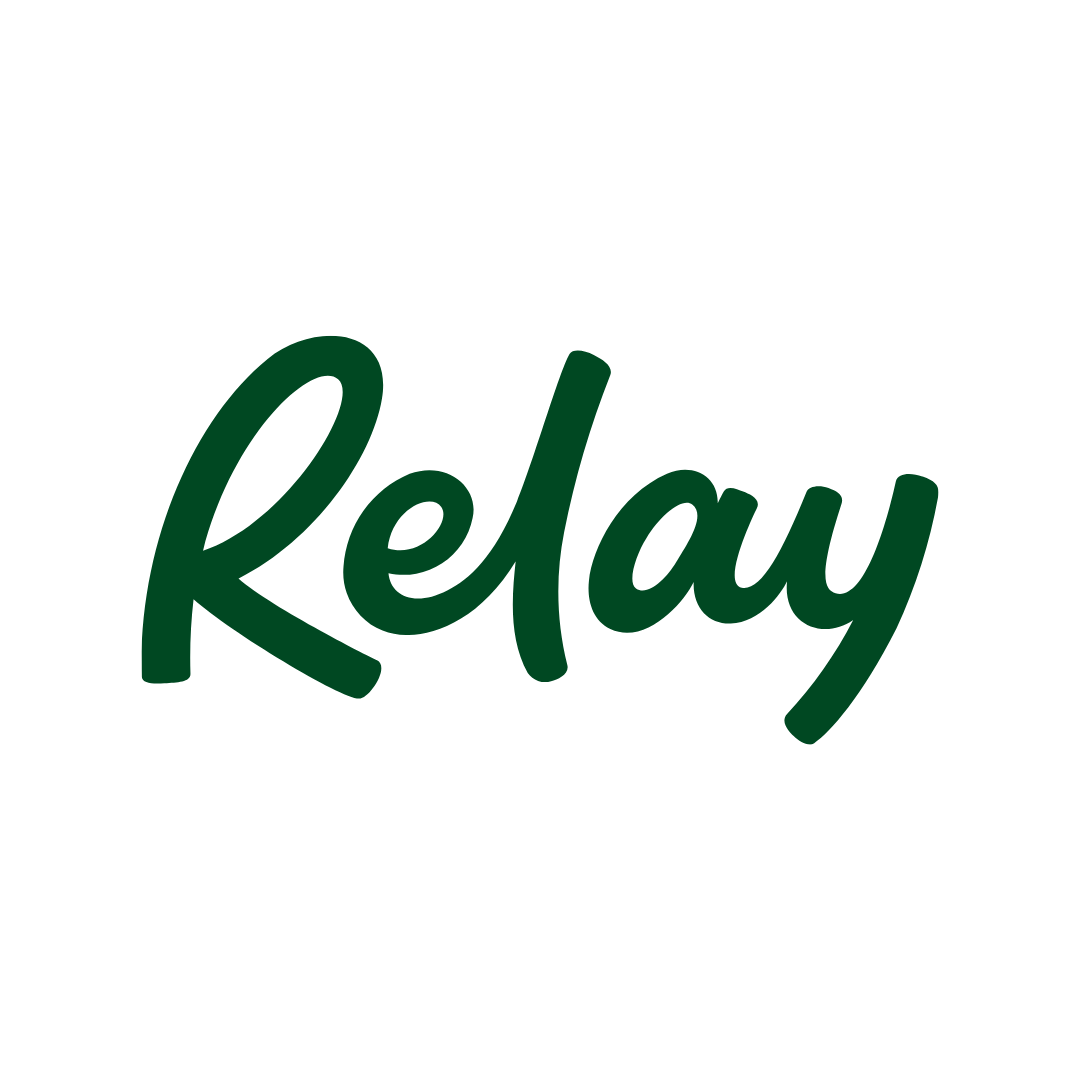 the word relay is written in green on a white background .