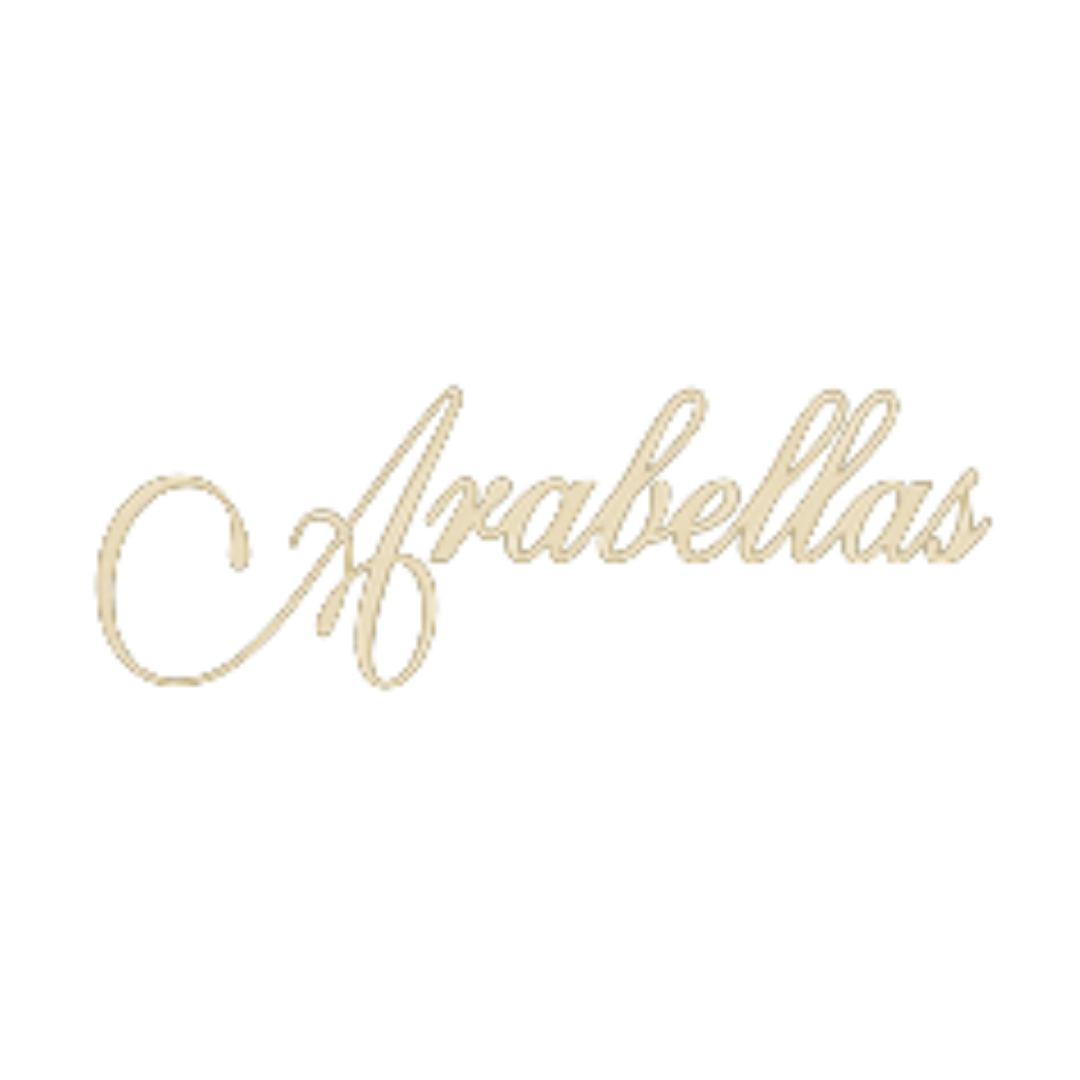 The word arabellas is written in gold on a white background.