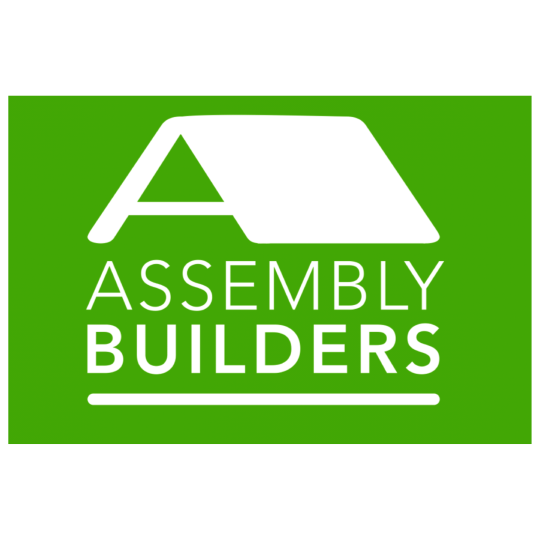 the logo for assembly builders has a white roof on a green background .