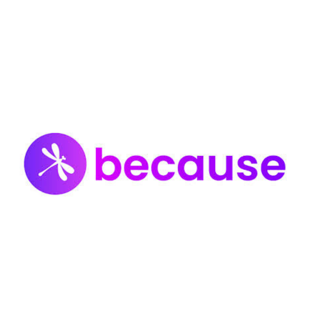 the logo for because is a purple circle with a dragonfly on it .