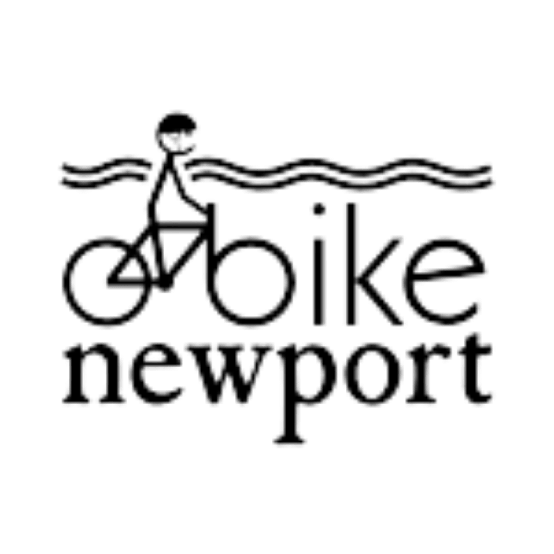 the logo for bike newport shows a person riding a bike in the water .