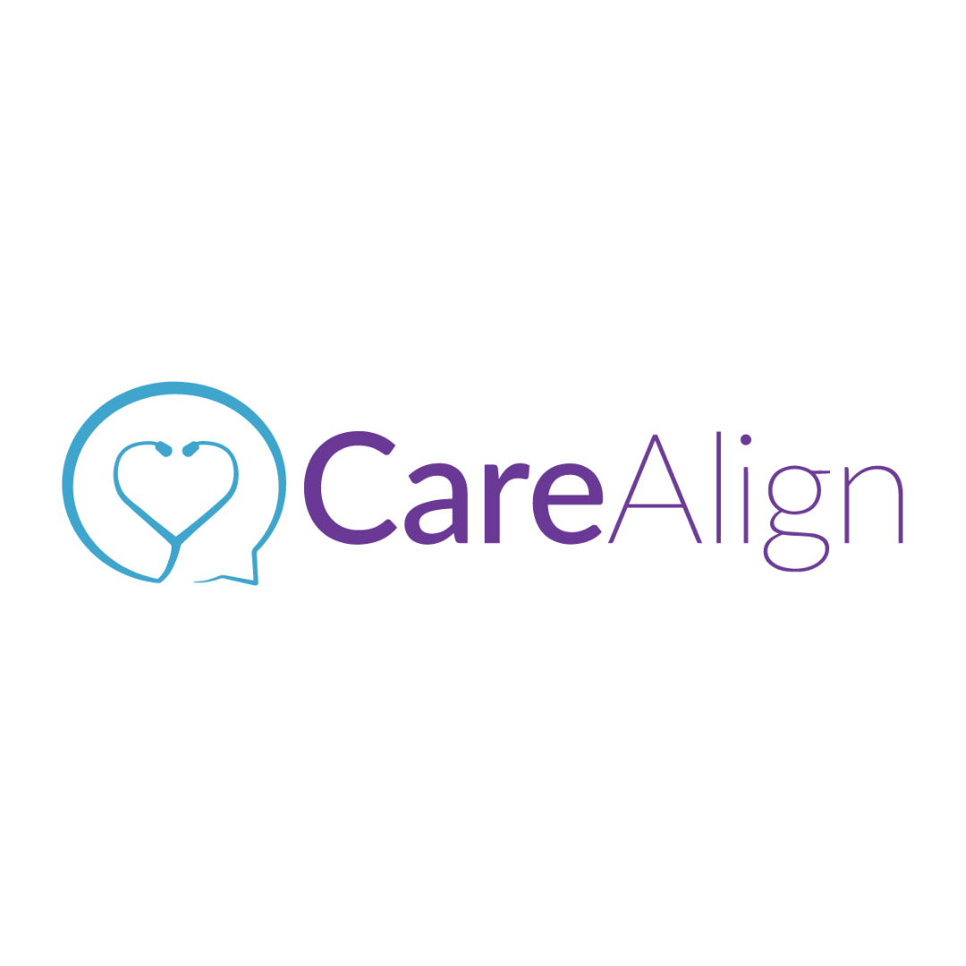 the logo for carealign is purple and blue with a heart in the middle .