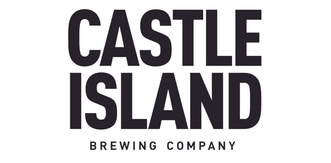 the logo for castle island brewing company is black and white .