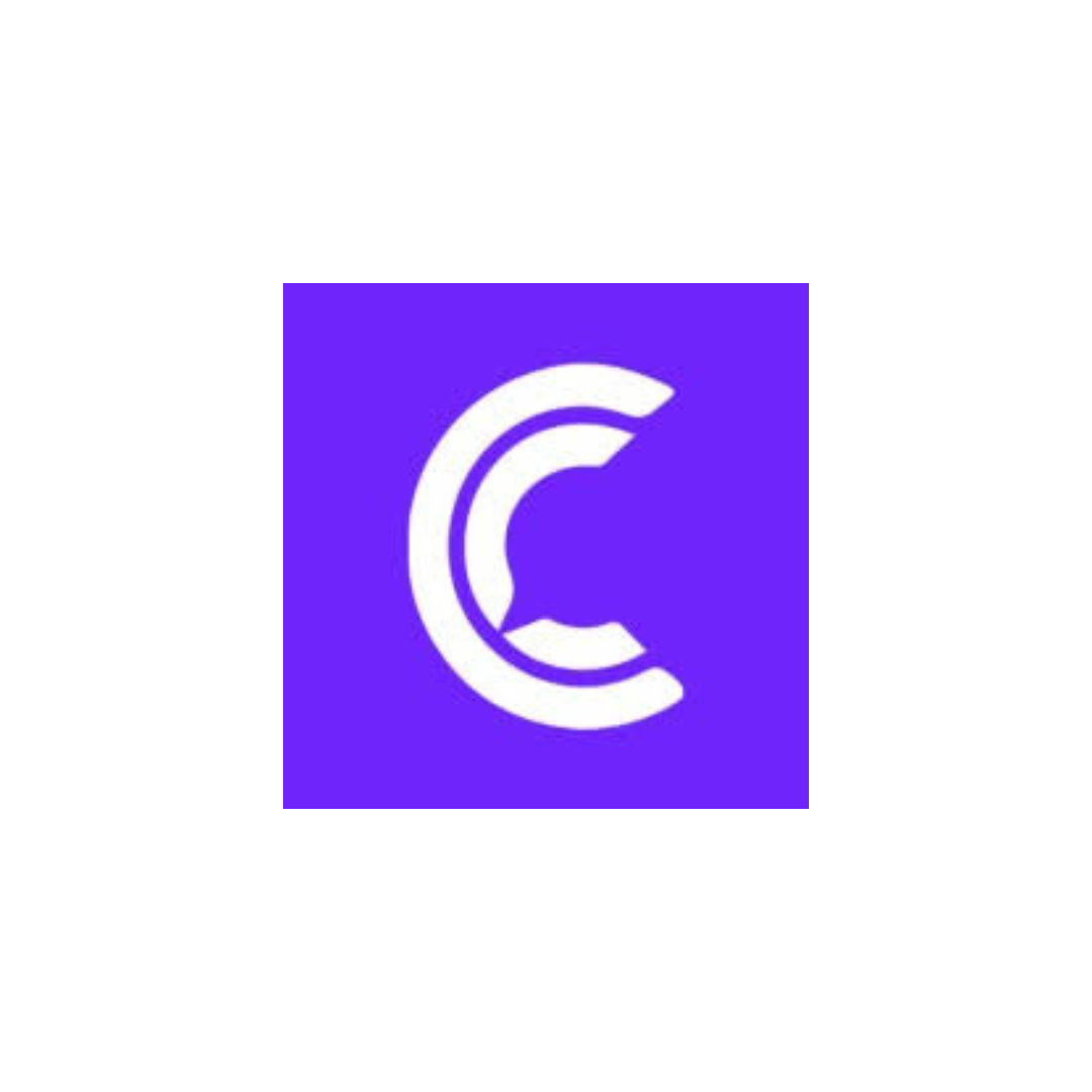 a purple square with a white letter c on it .