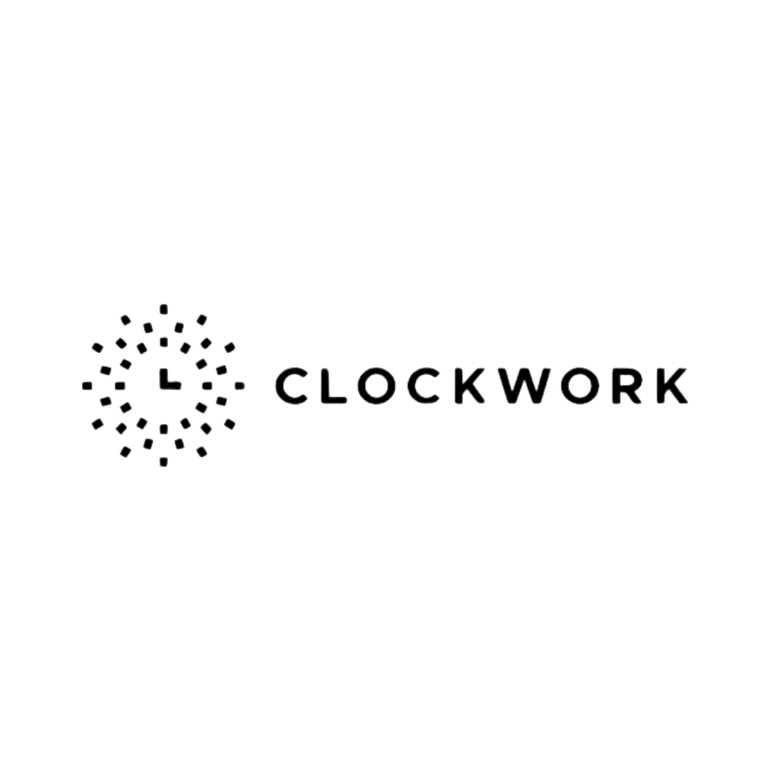 A black and white logo for a company called clockwork.