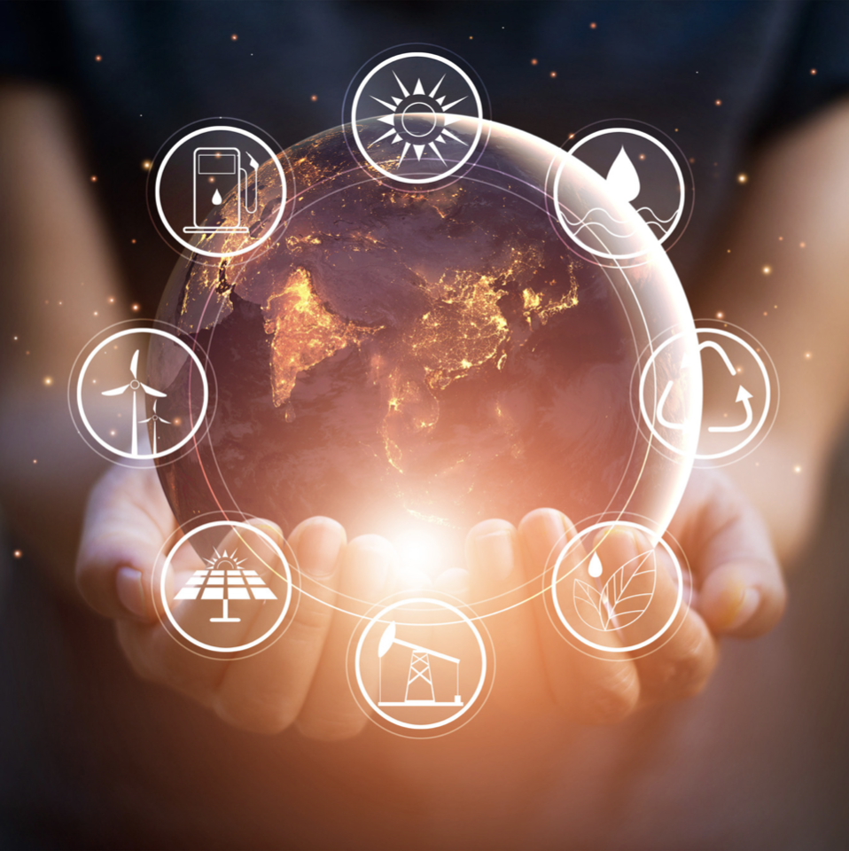 Hands cupping the Earth, surrounded by icons representing renewable energy sources.