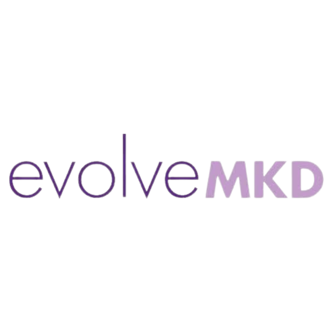 the evolve mkd logo is purple and white on a white background .